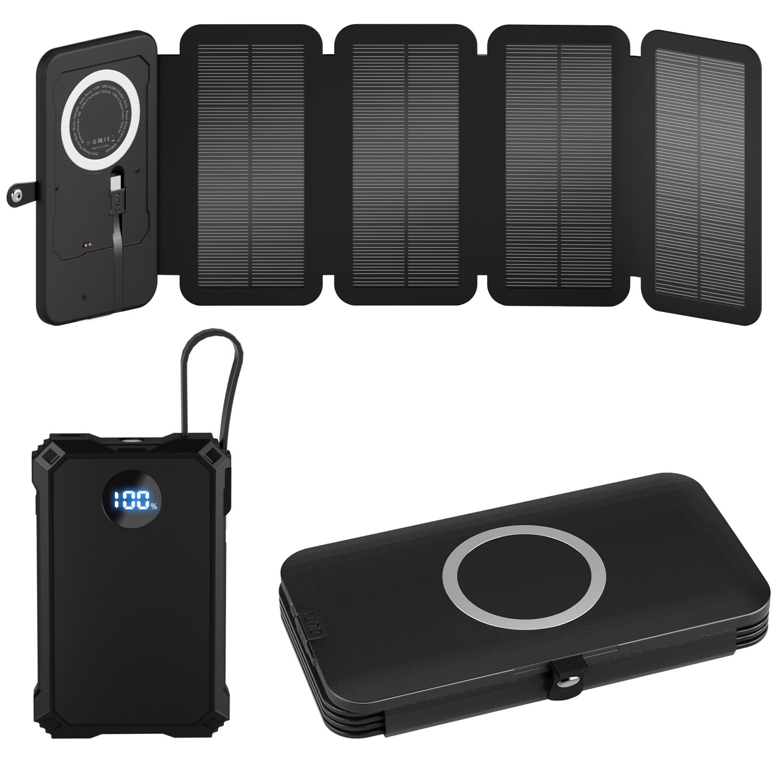 YELOMIN Caricatore solare Power Bank 5000 mAh con 4 pannelli pieghevoli e 2 cavi integrati, caricabatterie portatile wireless, batteria esterna esterna con USB-C/uscita e torcia SOS per campeggio
