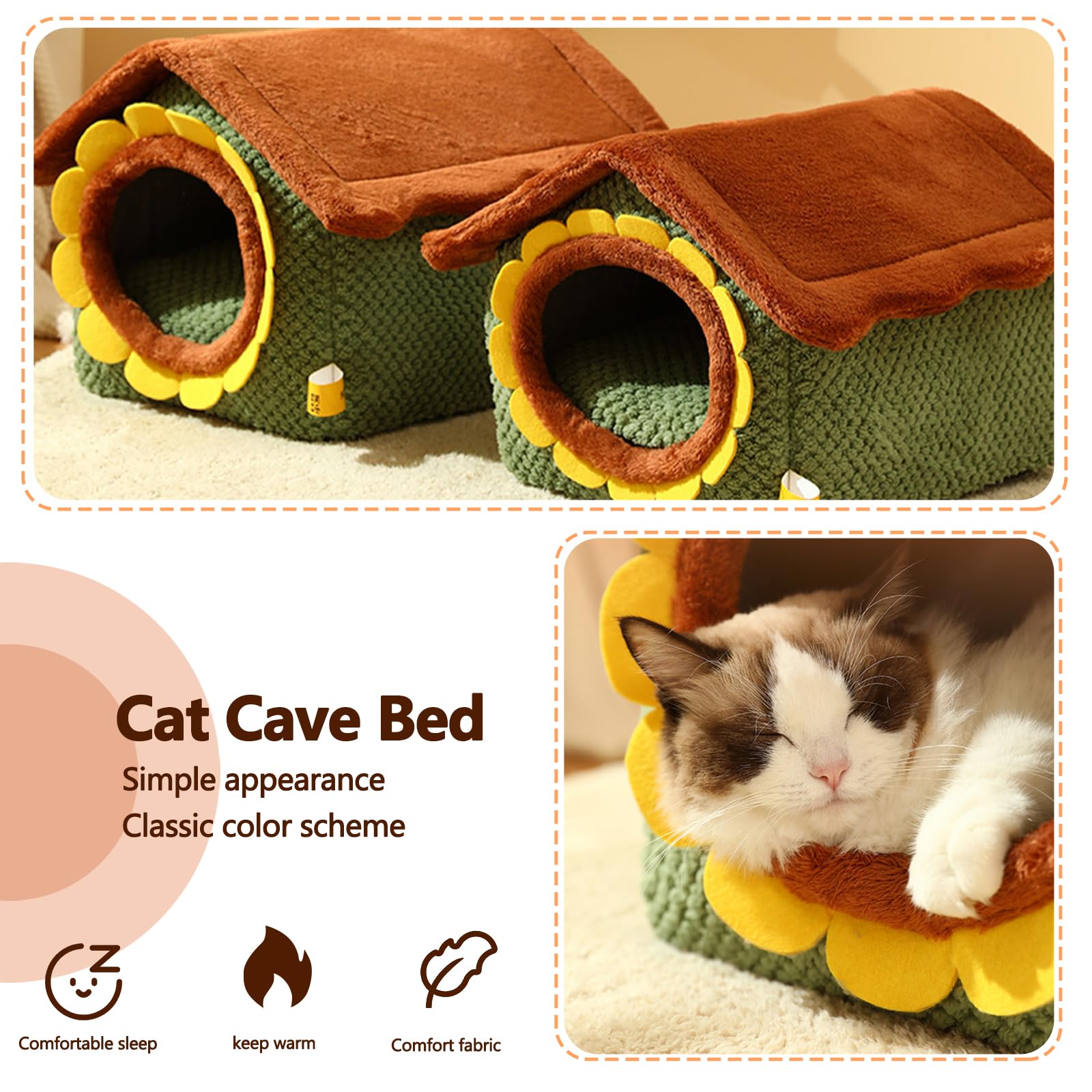 Cama cueva para gatos, casa para gatos de interior, cama suave y cálida para perros, bonita casa de gato de dibujos animados, cama para gatos con cojín lavable (S)