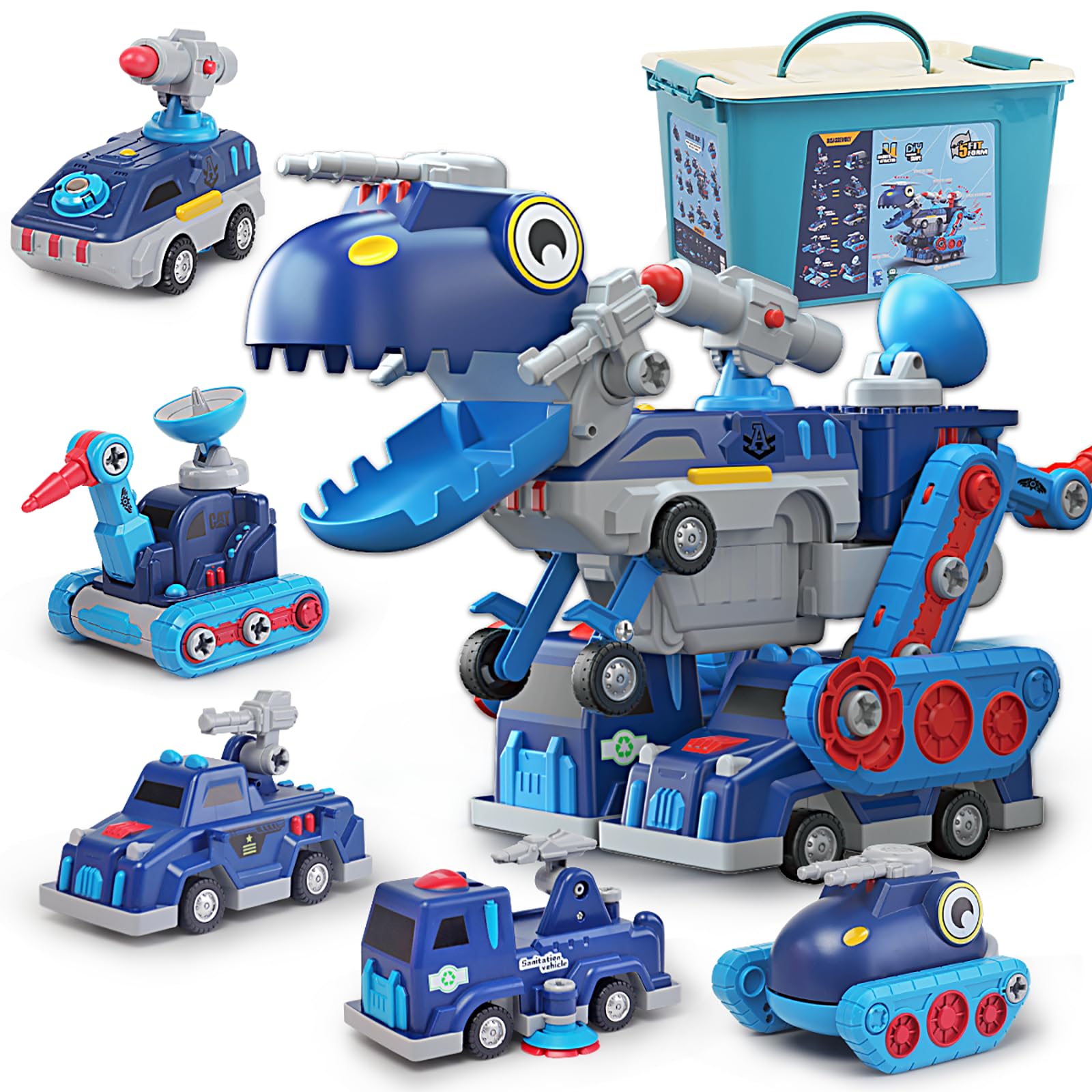 Take Apart Vehicle Magnetic Toy, 5-in-1 Tool Building Trucks Transform to Dinosaur Robot STEM Assemble Car with Storage Box, Kids Holiday Present