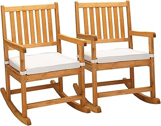 VINGLI Outdoor Rocking Chair, Weatherproof Rocker with Cushion, Wooden Rocking Bench Support 450 LBS for Patio, Yard, Garden, Outdoor or Indoors, Teak(2PCS)