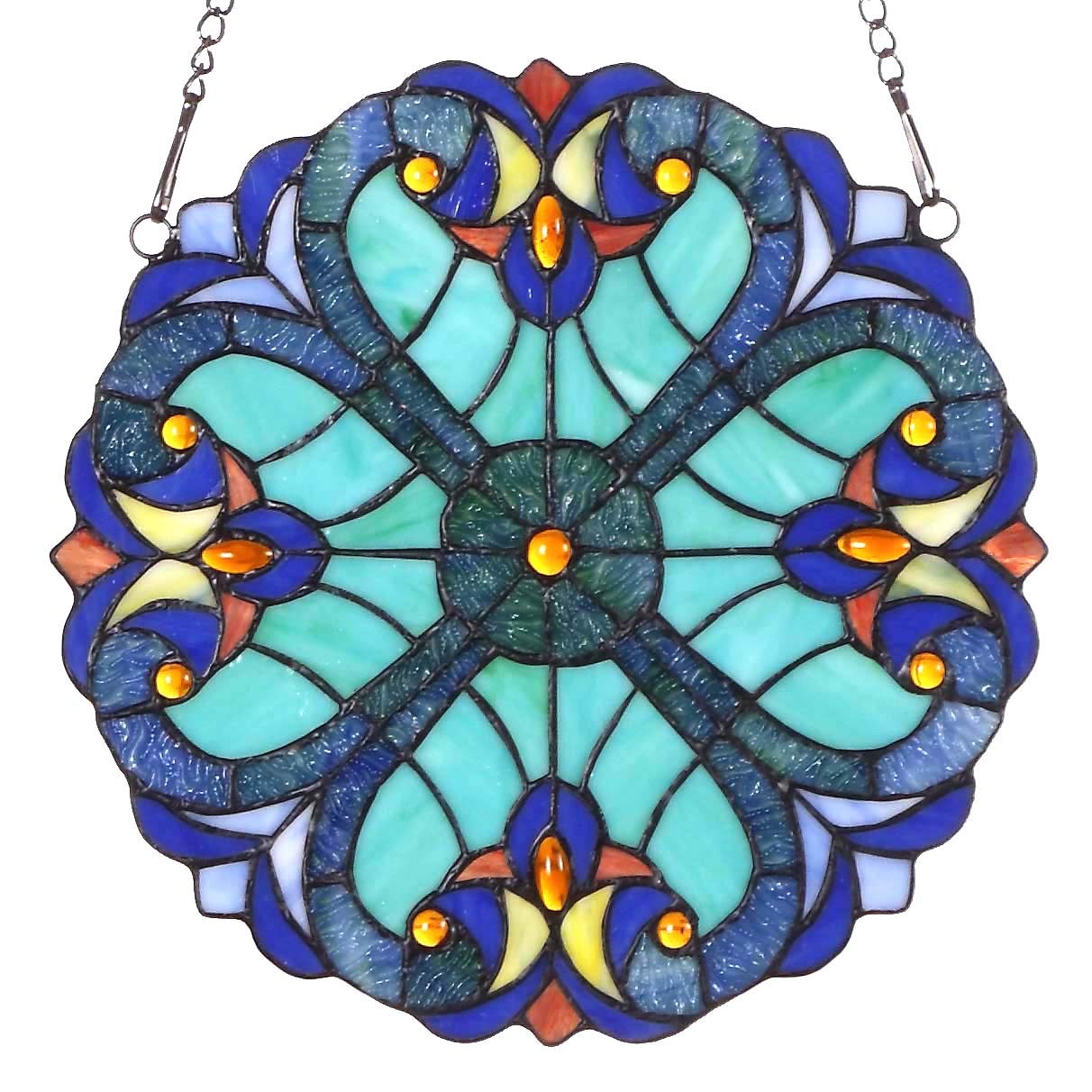 Bieye W10013 Victorian Tiffany Style Stained Glass Window Panel Hangings with Chain, 12-inch Wide, Blue