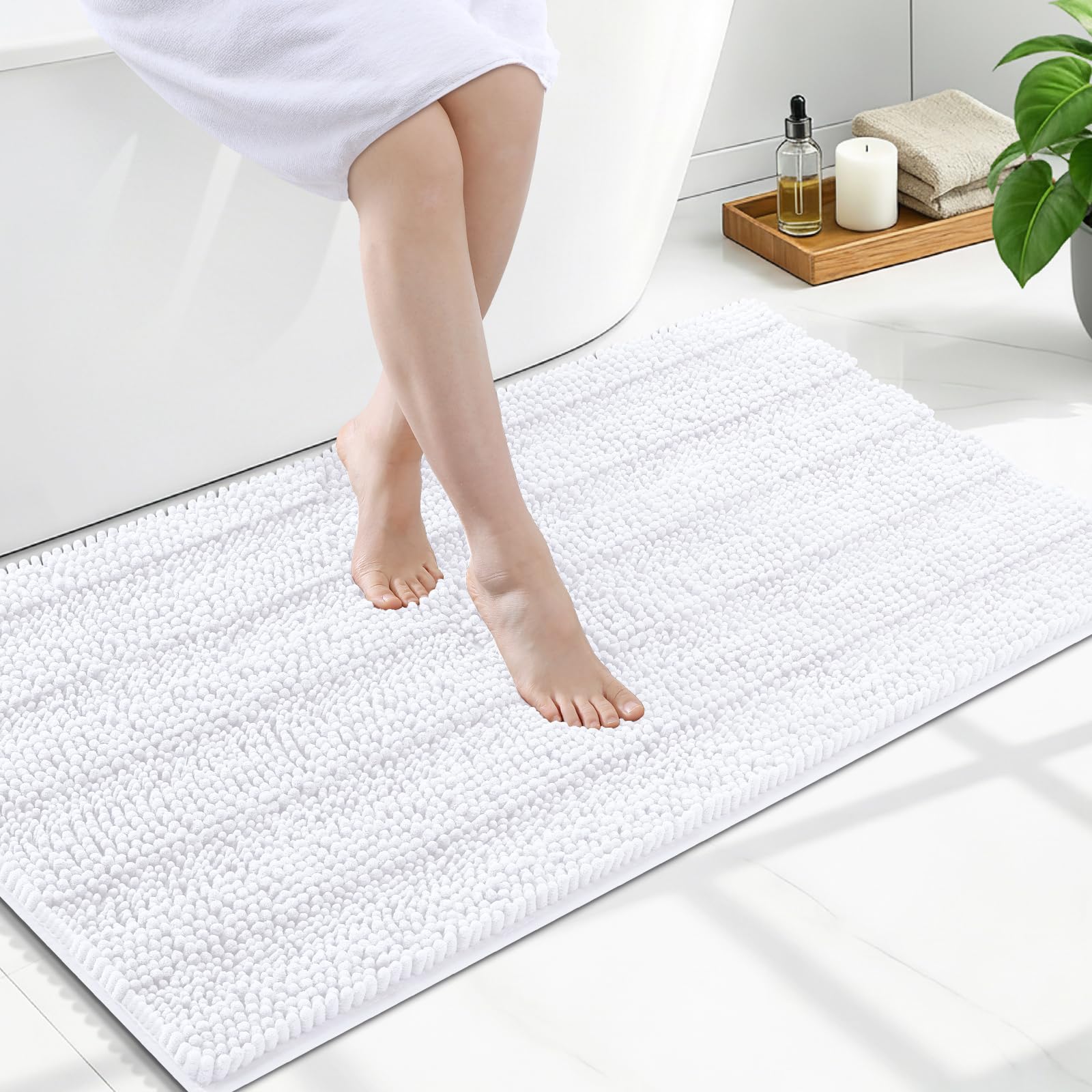 Grandaily Chenille Bathroom Rugs 47x24, Soft Bath Mats, Solid White
