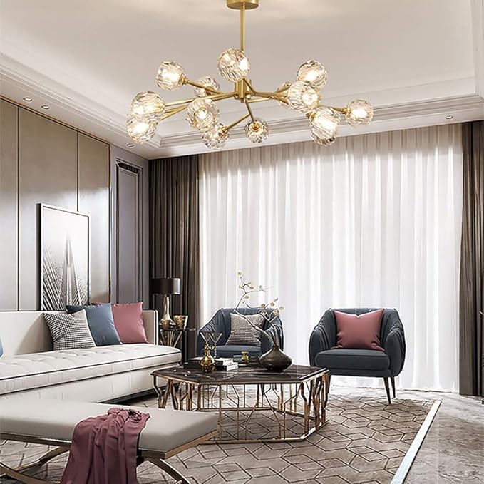 NSXBY Eetkamer Slaapkamer Lampen Woonkamer Kristallen Kroonluchter, Moderne Licht Luxe Magic Bean Moleculaire Kroonluchter, G9 Nordic Alle Koper Grote Kristallen Kroonluchter-Koper 15 hoofd photo 2
