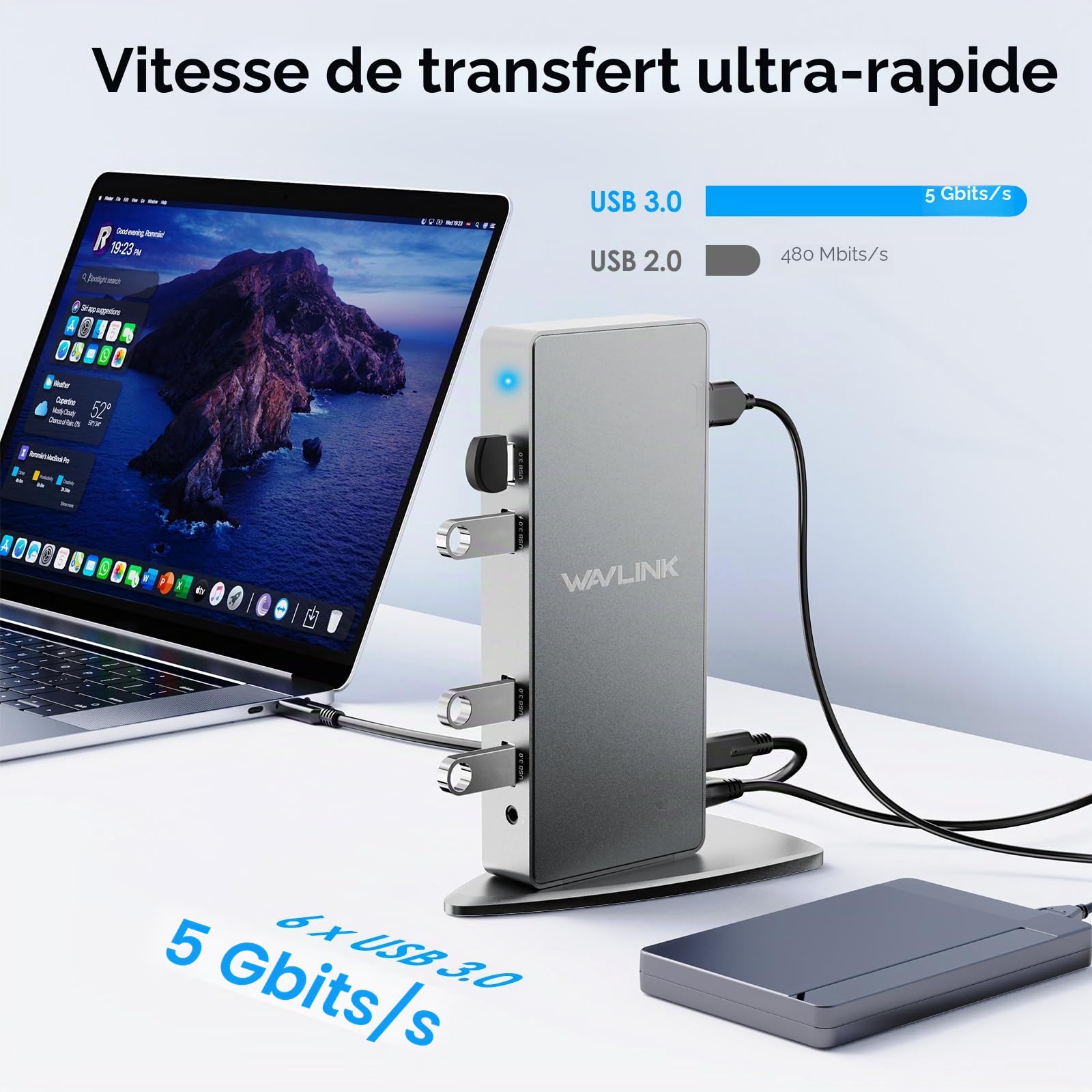 WAVLINK Station d'accueil USB C / USB3.0 Double 4K Affichage Compatible avec Windows et Mac OS (Dual 4K DisplayPort & HDMI, Gigabit Ethernet, Audio, 6 Ports USB)