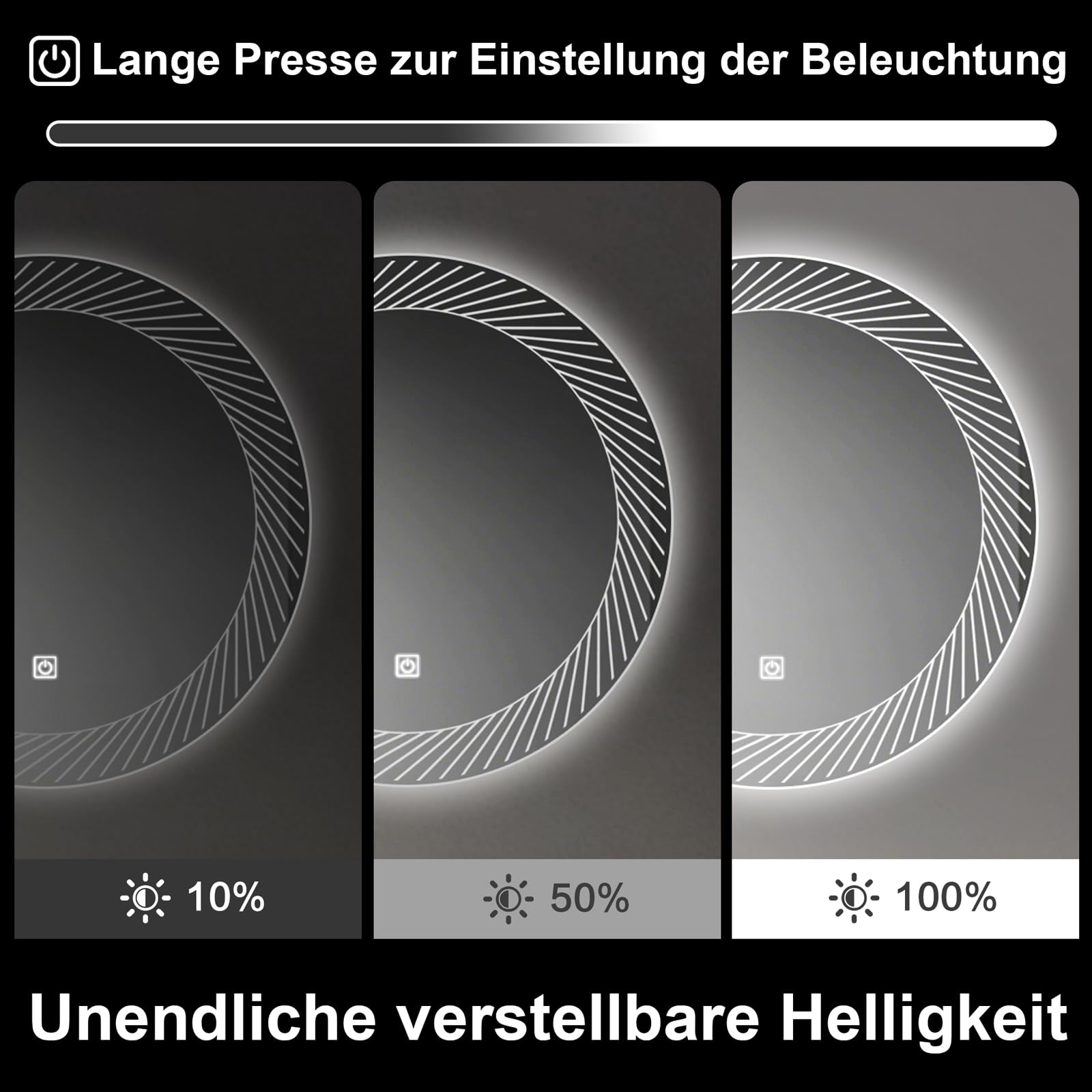 Rund Badezimmer Wandspiegel mit LED Beleuchtung, 50cm | Spiegel mit Linienmuster Licht, Touch Schalter, 3 Farben Dimmbar,