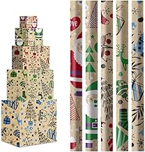 H HANSEL HOME Pack of 5 Rolls Kraft Paper 70 x 200 cm – Christmas Design with Santa, Reindeer and Gifts – Large and Sturdy Paper for Wrapping Birthdays, Christmas and Parties