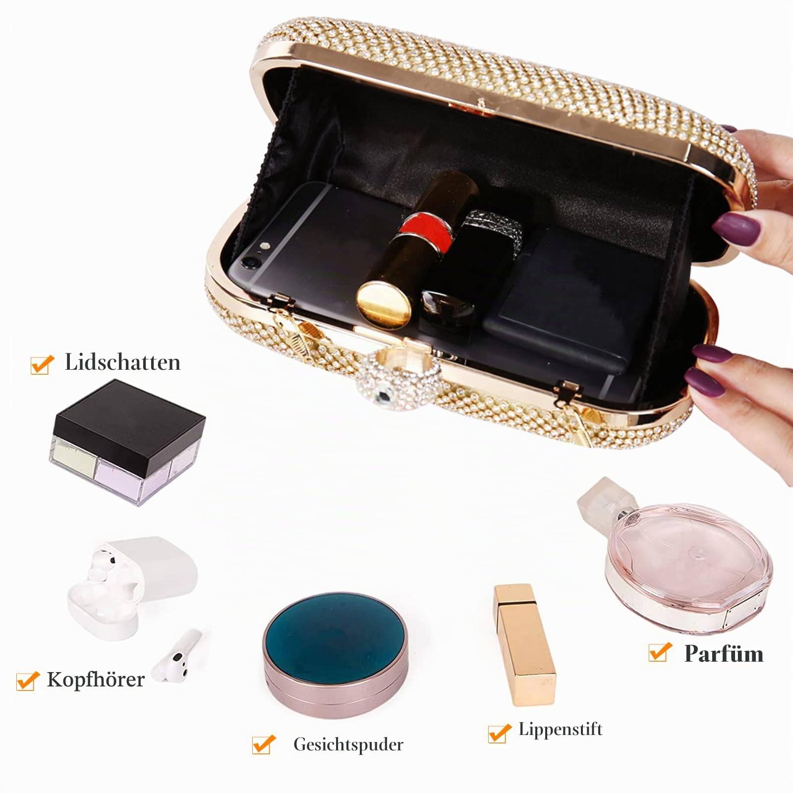 CORIOS Damen Abendtasche Strass Handtasche Damen Glitzer Clutch Strasssteine Schultertasche Braut Handtasche Abnehmbarer Kette Umhängetasche Klein Tasche für Hochzeit Abendparty Tanzparty Silber