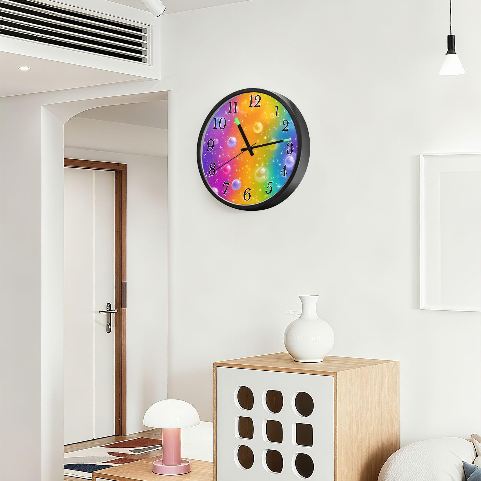 Mnsruu Reloj de pared luminoso con patrón de burbujas coloridas de arcoíris degradado, funciona con pilas, reloj silencioso que brilla en la oscuridad, para sala de estar, cocina, 12 pulgadas