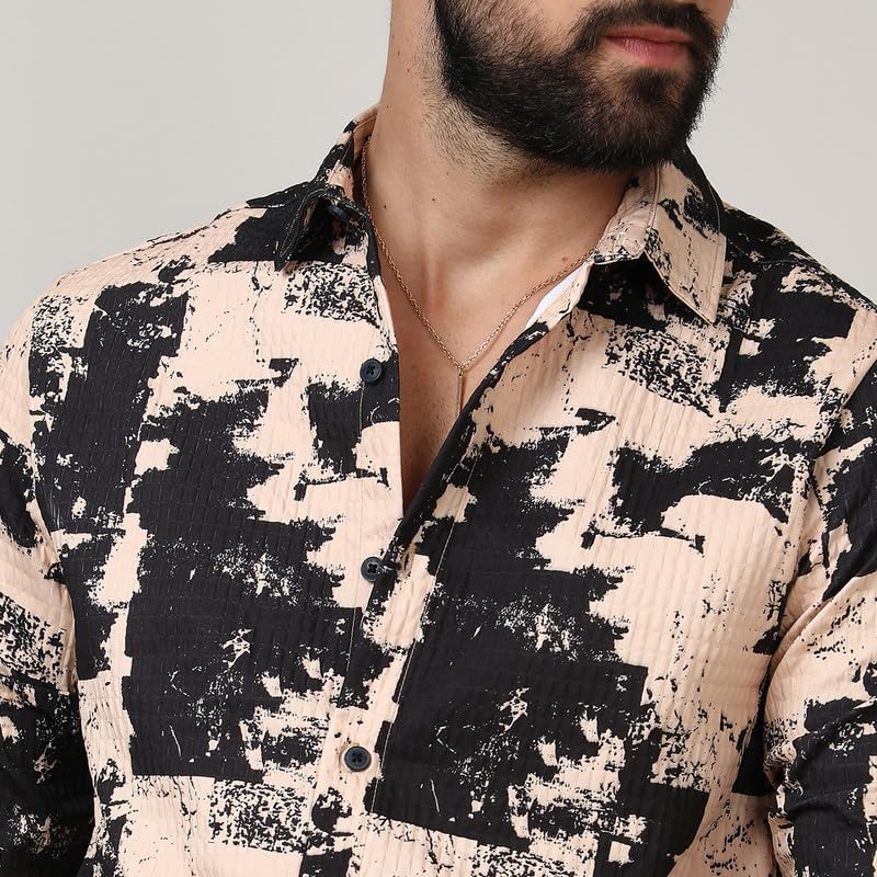 Image of CAHOOT Men's Self-Design Striped Shirt for Casual Wear | Spread Collar | Long Sleeve | Button Closure | Shirt Crafted with Comfort Fit for Everyday Wear