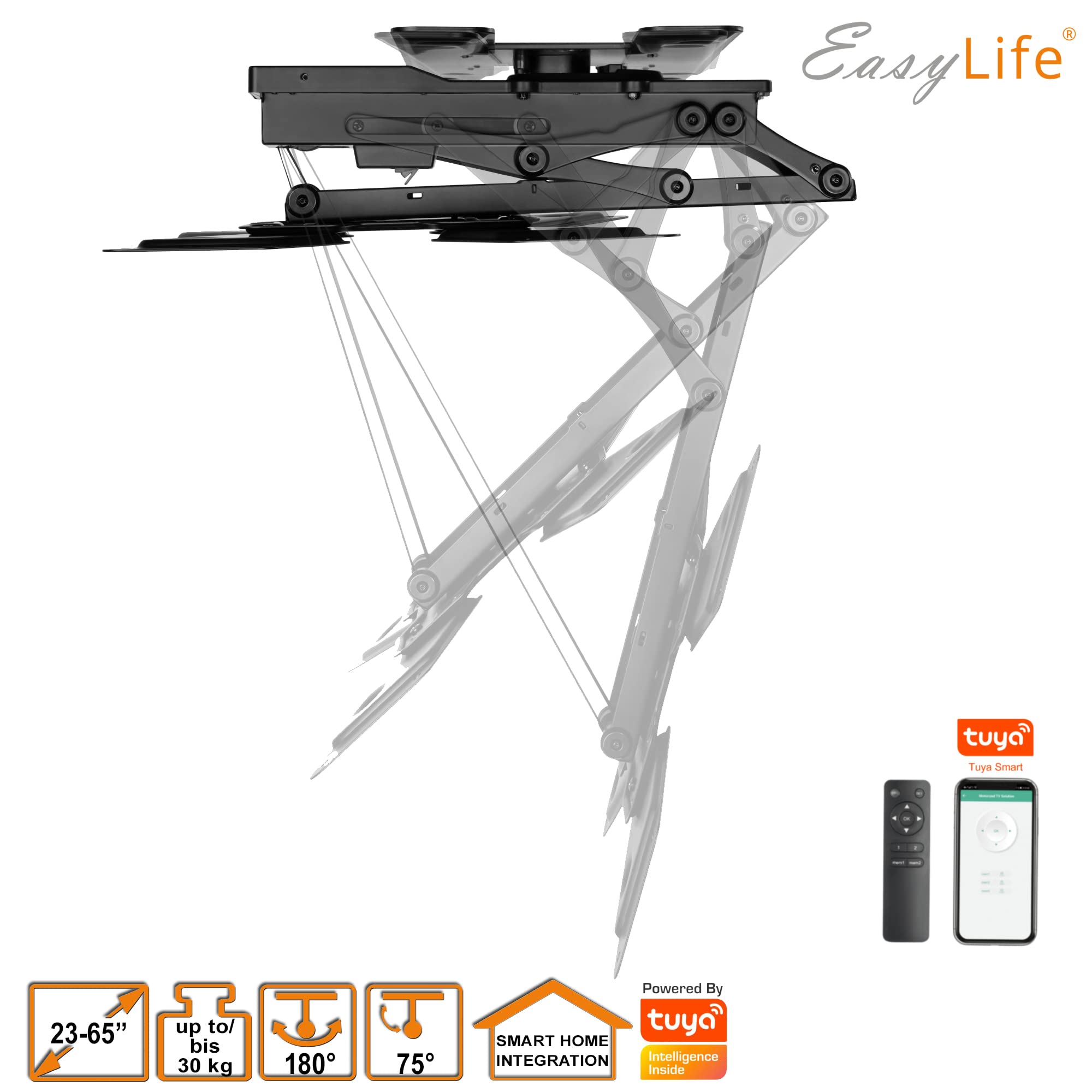 EasyLife – Supporto da Soffitto Per TV Elettrico, Girevole e Inclinabile, Integrazione Smart Home, da 23 a 65 Pollici, Supporto VESA Fino a 400×400 per TV LCD/OLED, Monitor, Display - Nero