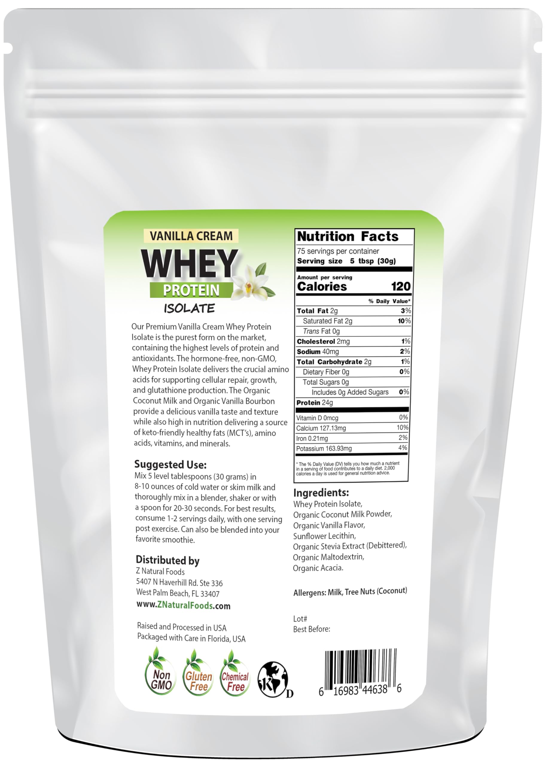 Z Natural Foods Vanilla Cream Whey Protein Isolate, Nutrition-Rich, Flavorful Protein Powder for Heart Health and Immunity, Great in Tea, Coffee, Smoothie, Non-GMO, Gluten-Free, Kosher, 5 lbs