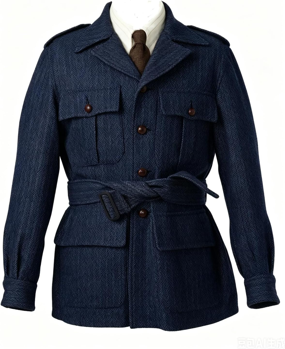 Men's Herringbone Tweed Blazer Wool Blend Safari Jacket with Belt