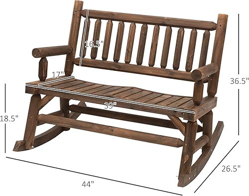Miniatura 3 de Outsunny Silla mecedora de madera para 2 personas con diseño de troncos sofá biplaza resistente con asientos curvados anchos para patio patio