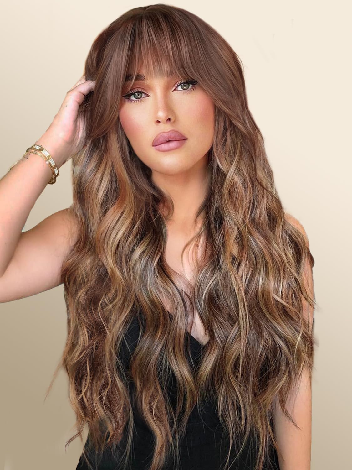 QGZBrown Highlight Wig with Bangs 26 Inch Synthetic Long Curly Wavy Brown Mixed Blonde Wig with Dark Root Hair Wigs for Women