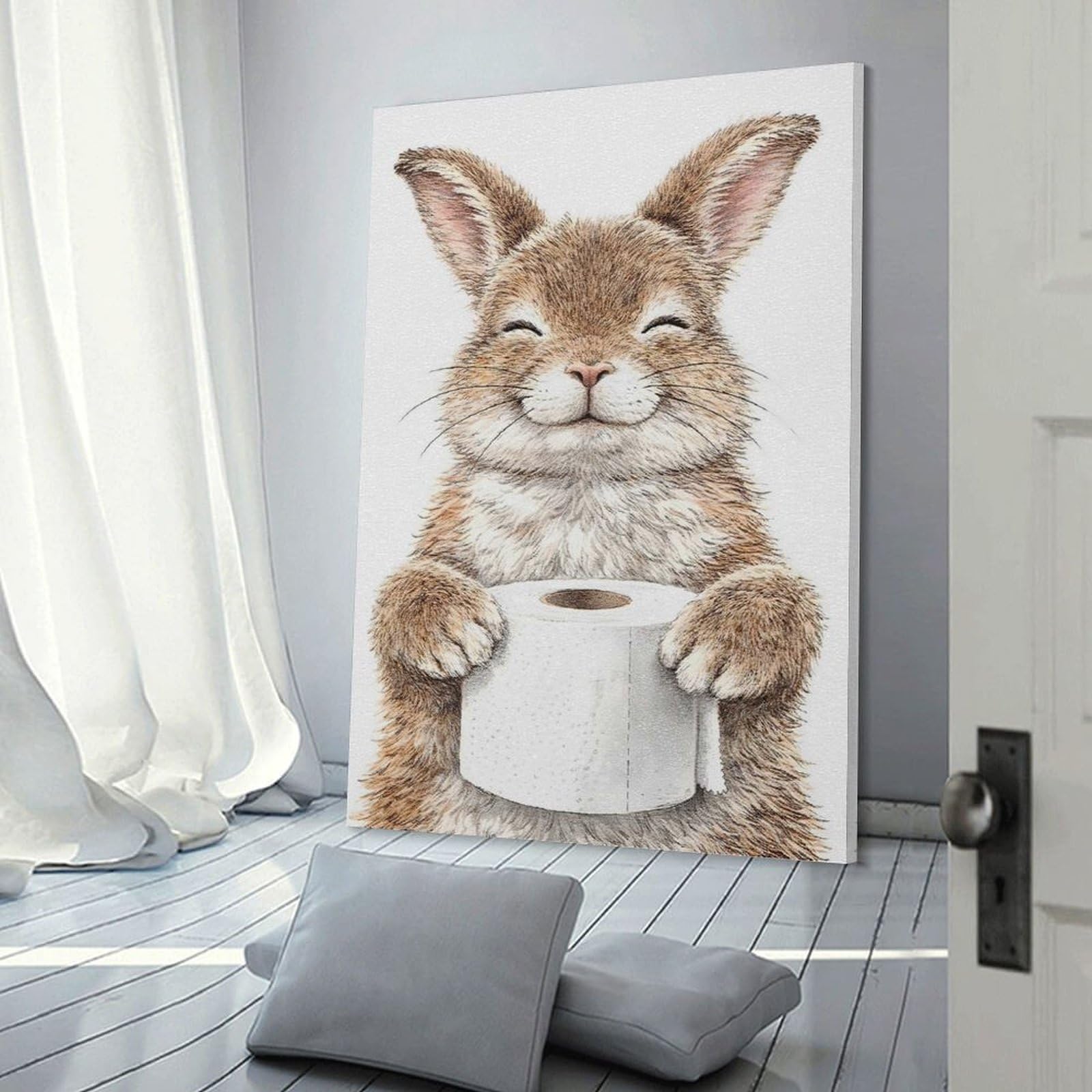Junmoney Happy Bunny Holding Toilet Paper Canvas Wall Decor, 12x18inch(30x45cm), for Gallery Wall Decor And Room Displays, Wall Decor Suited to Curated Displays
