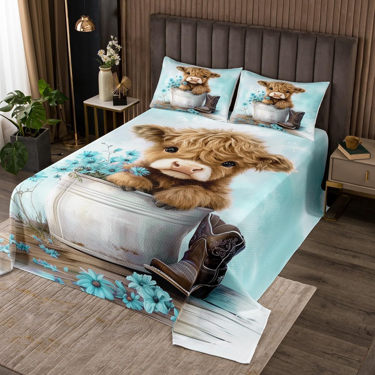 Erosebridal Cartoon Cow Coverlet Set Queen Size Highland Cows Bedspread for Kids Boys Girls Daisy Floral Wood Boots Rustic Blue White Quilted Coverlet Soft Luxury Quilted