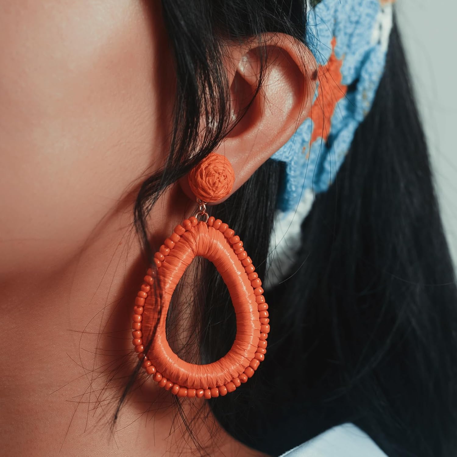 Beaded Teardrop Earrings Boho Raffia Earrings Statement Tear Drop Earrings Trendy Summer Jewelry for Women - Image 2