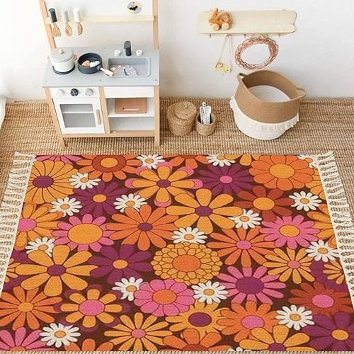 DGAIER Alfombra de área colorida floral sin costuras, diseño hippie estético, divertida alfombra tejida para patio, alfombra escandinava al aire