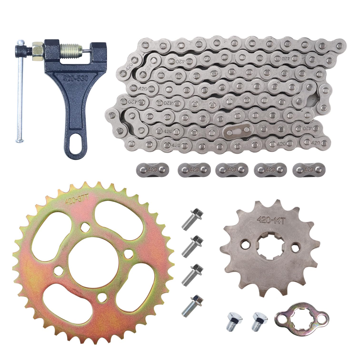 Motorcycle 420 Drive Chain 96 Links with Chain Breaker 420-37 Tooth Rear Sprocket Front Sprocket 420-14T Replacement for ATV 50cc 70cc 90cc 110cc 125cc go-karts mini bikes