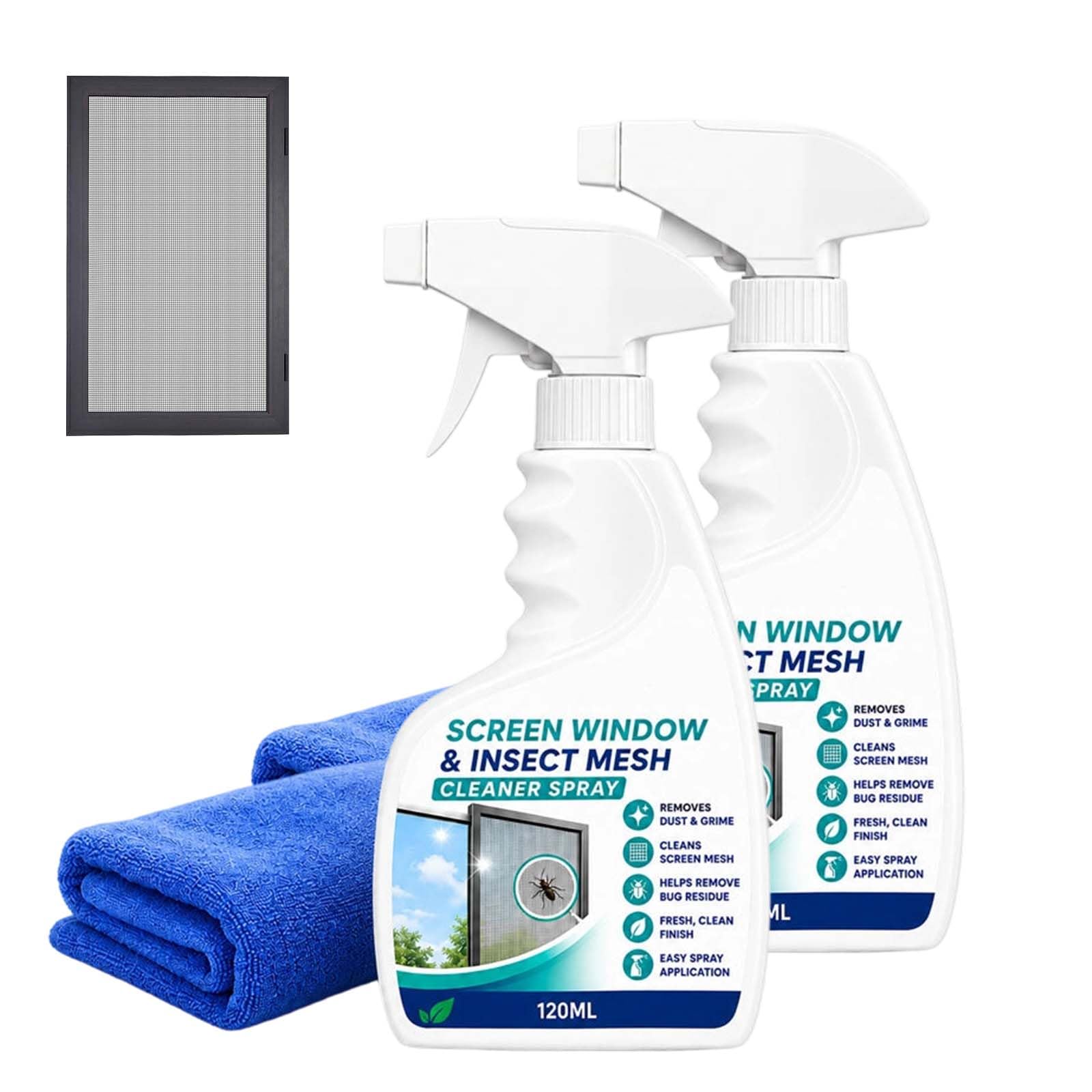 Spray Detergente Per Zanzariere E Reti, Kit Di Pulizia Per Zanzariere (2PC) | Detergente Per Zanzariere (A Rete) Con Panno Incluso; Rimuove Rapidamente Polvere E Residui Appiccicosi