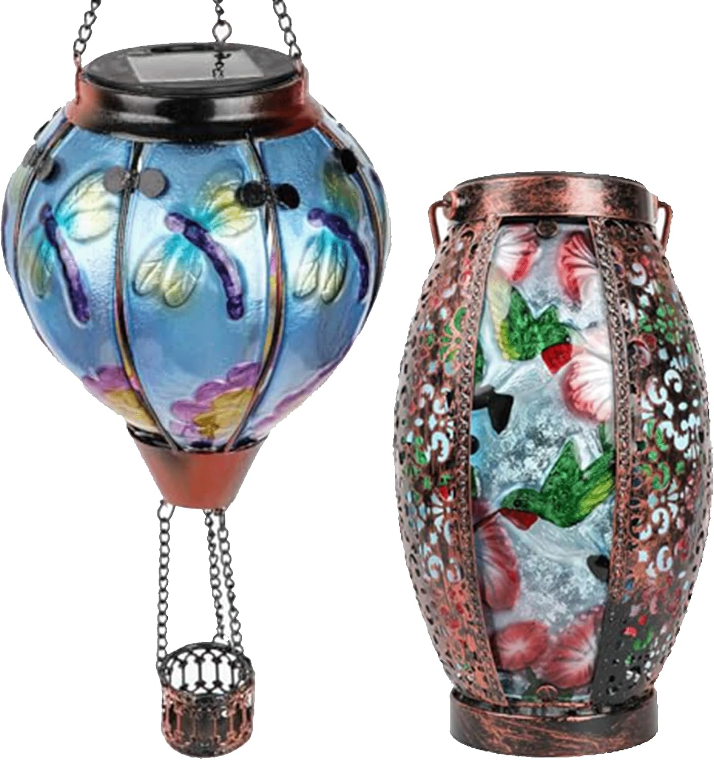 18" H Dragonfly Hot Air Balloon Solar Lantern + 16" H Hummingbird Solar Lanterns, Glass Hanging Garden Lights Outdoor Waterproof for Tree Yard Patio Christmas Gifts