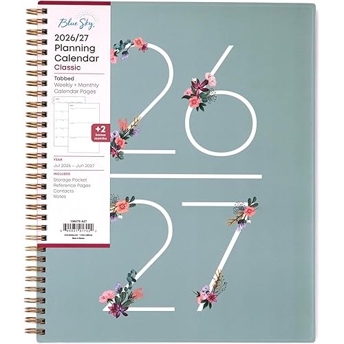 Blue Sky 2026-2027 Weekly and Monthly Academic Year Planner Calendar, July 2026 - June 2027, 8.5" x 11", Flexible Cover, Wirebound, Storage Pocket, Laminated Tabs, Greta