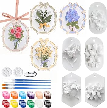 Autumnswan 9PCS Plaster Painting Ceramic Arts and Crafts with 9 Flower Painting, Family Activities,Art Party Favors DIY Crafts for Adults Pattern B