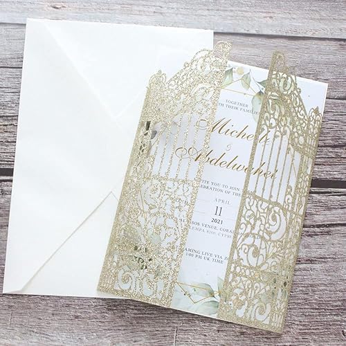 Miniatura 2 de MillaSaw Tarjetas de invitación de boda cortadas con láser de color marfil brillante, diseño de puerta, diseño de puerta de matrimonio, cumpleaños,
