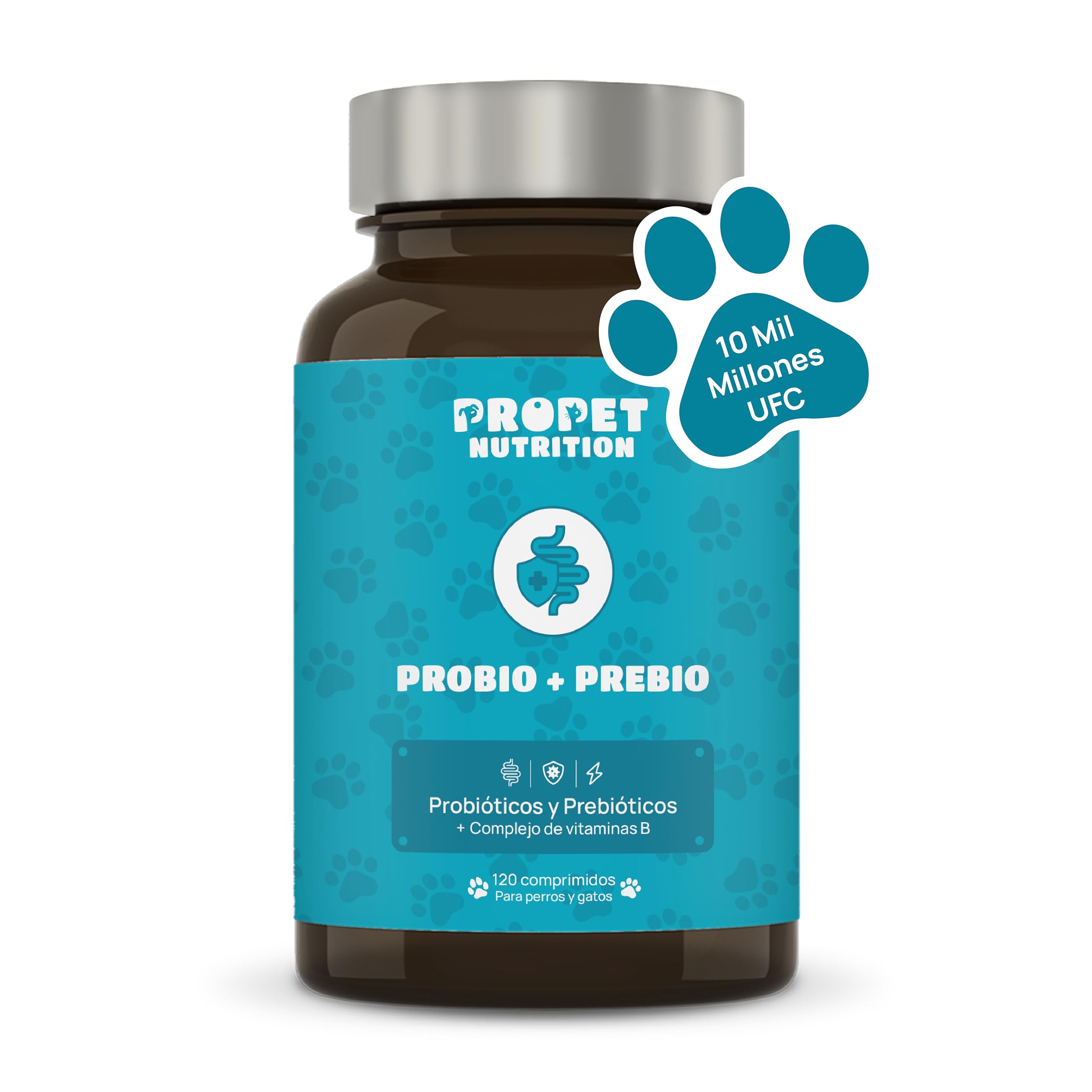 Probioticos Perros y Gatos. 10 Mil Millones UFC. Prebióticos y Vitamina B Complex. 11 Cepas para Óptima Salud Intestinal. Refuerza el Bienestar General de tu Mascota. 100% Natural. 120 Comprimidos