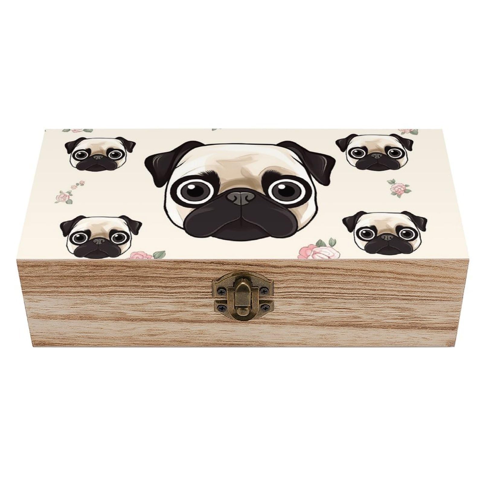 NONHAI Wooden Storage Box Line Pug Wood Gift Box with Hinged Lid Vintage Decorative Jewelry Boxes Memory Box for Jewelry Art Hobbies Home Storage Treasure Keepsake Gift 7.9''x3.9''x2.3''