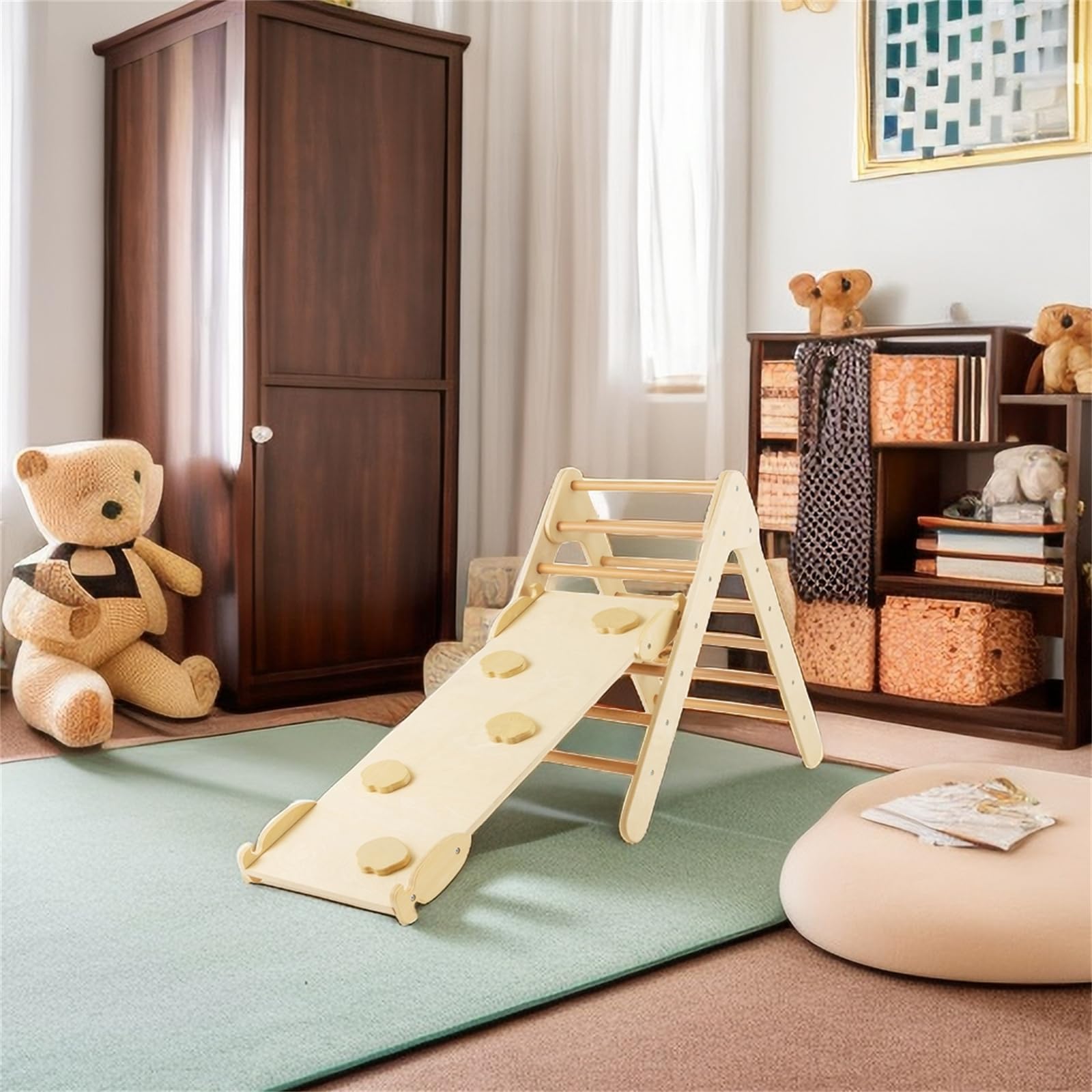 LIFEZEAL Juego de Escalada 3 en 1 con tobogán de inclinación Ajustable, Escalera Triangular de Madera para jardín de Infantes, Juguete de Parque de Atracciones para niños pequeños (Natural)
