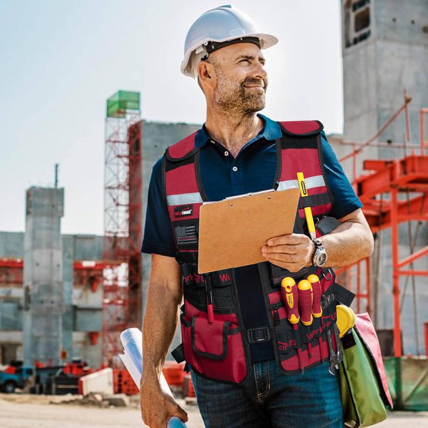 MELOTOUGH Tool Vest Safety Work Vest with Adjustable Straps,Removable Phone Holder for Electrician,Construction,Carpenters