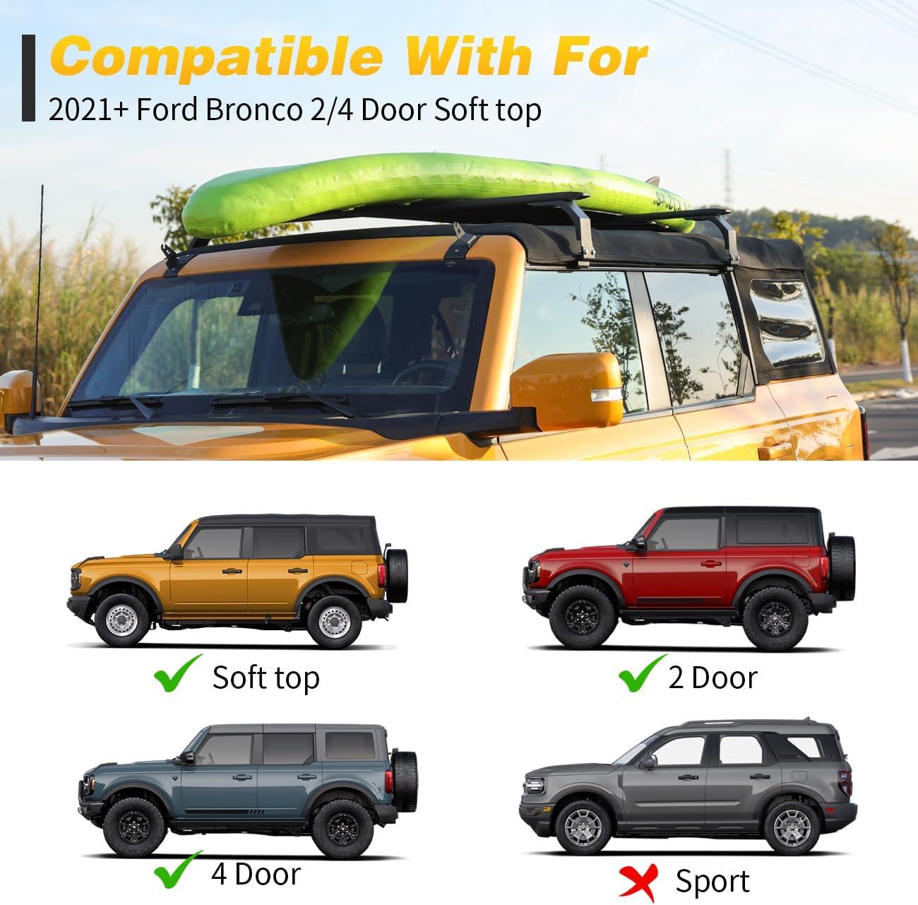 Heavy Duty Roof Racks Cross Bars Compatible with for Ford Bronco Soft Top 2/4 Door 2021 2022 2023 2024 2025 2026 Aluminum Rooftop Crossbars Rails Luggage Racks Ski Bike Snowboard Cargo Carrier
