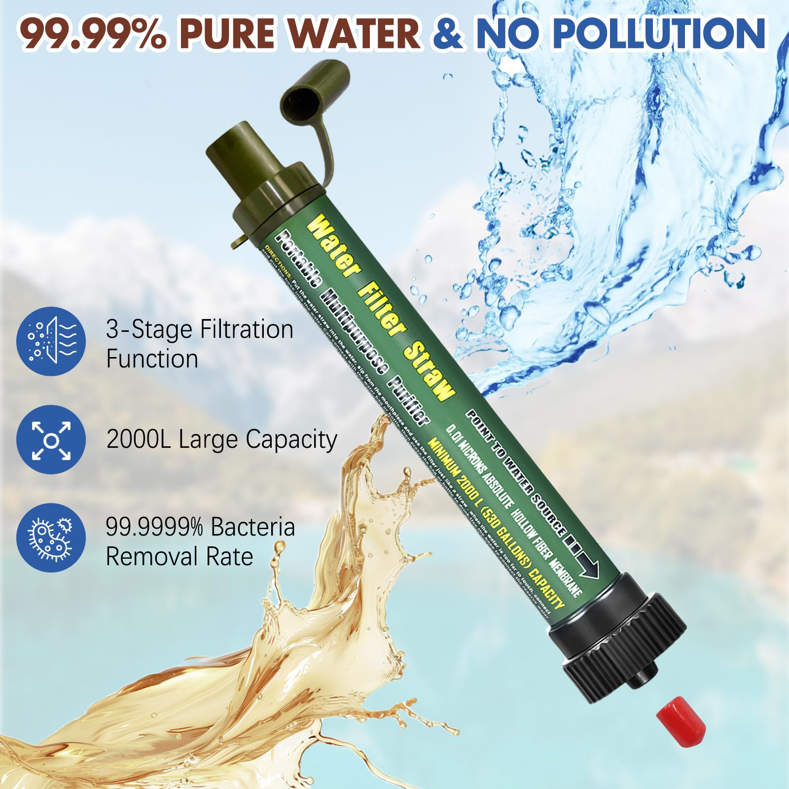 TEUEN DeFe Personal Filtro Acqua Mini Portatile Purificatore Acqua Filtri 2000 L capacità Outdoor Sopravvivenza di Emergenza Paglia per Sport Esterni Campeggio Trekking