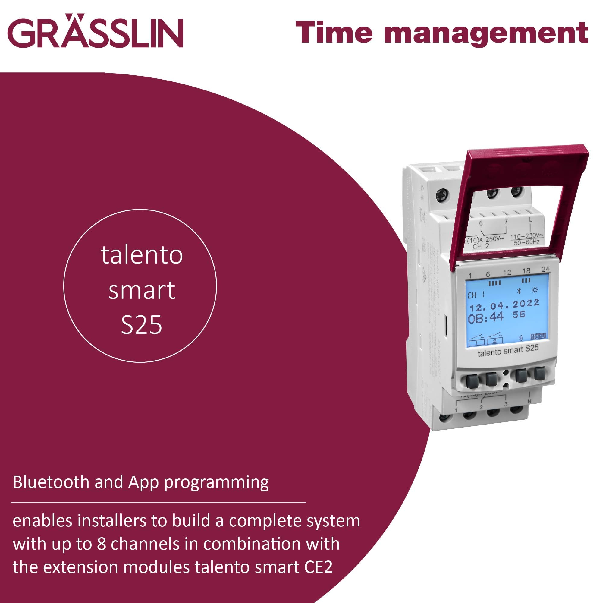 43.04.0001.1 talento smart S25 Digitale System-Astro-Zeitschaltuhr | erweiterbar auf 8 Kanäle (CE2), LAN-Erweiterung möglich, Hutschiene, Bluetooth/App, 2 Kanäle, Astro-/Wochen-/Jahresprogramm