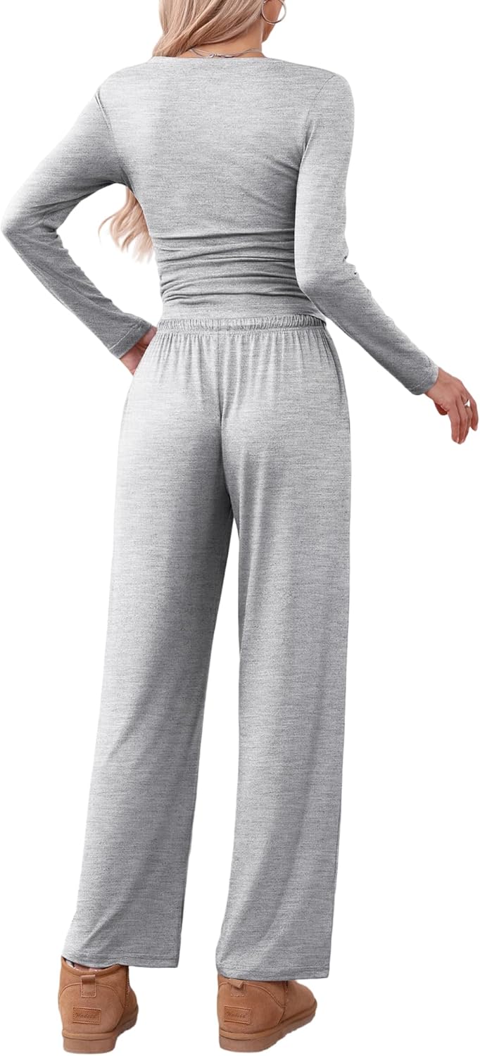 Ekouaer Women's 2 Piece Lounge Sets Pajama Set Long Sleeve Ruched Waist Top and Wide Leg Tracksuits Fall Outfits with Pockets - Image 3