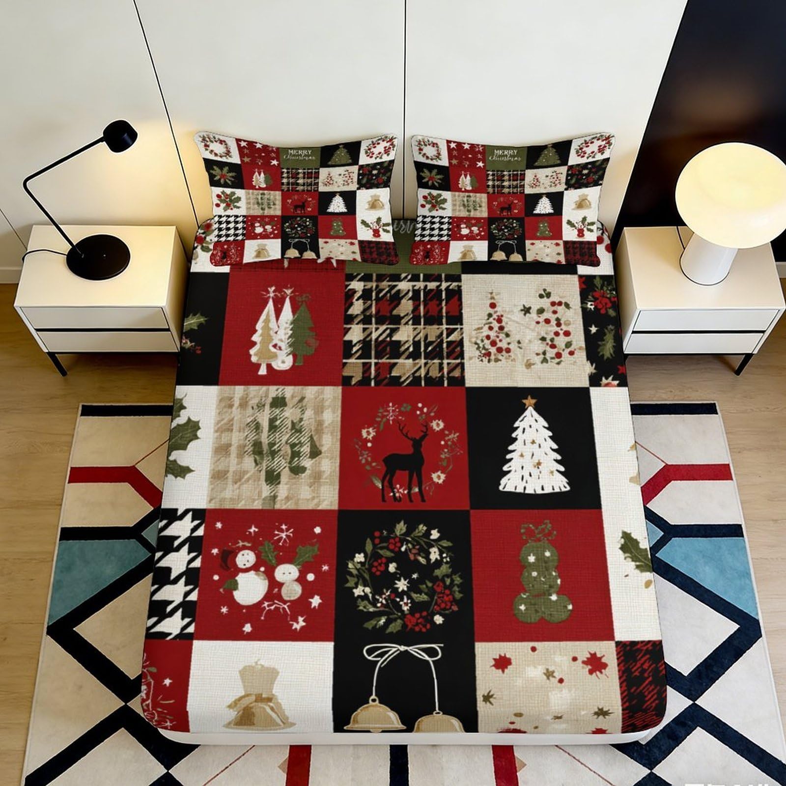 3D Printed Christmas Patchwork Fitted Sheet Microfiber Soft Plaid Deer Bed Cover for Bedroom Guest Room Decor 90x200x25cm