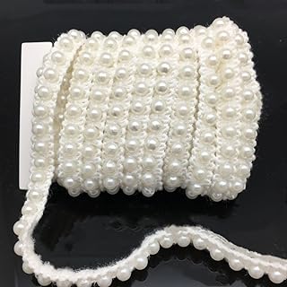 FQTANJU 5 Yards Faux Pearls Lace Ribbon Applique Pearl Fringe for Wedding Party Decoration, Home Deco, Lamp Shade, Costume, Lvory.