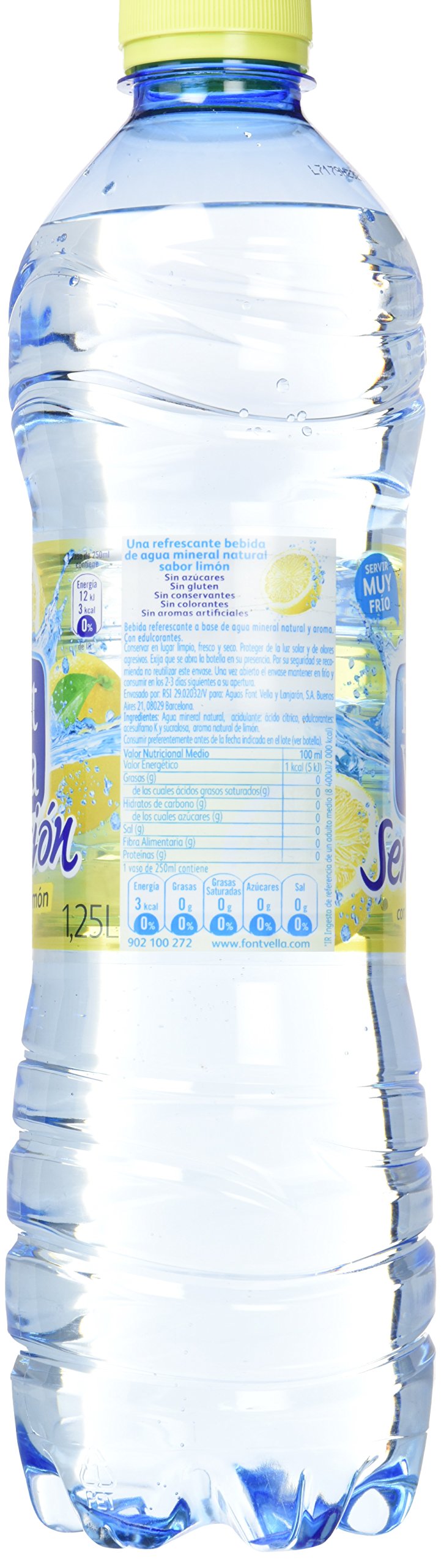 Font Vella Sensación Limón, Agua con sabor limón y lima sin calorías, 6 botellas de 1.25 litros