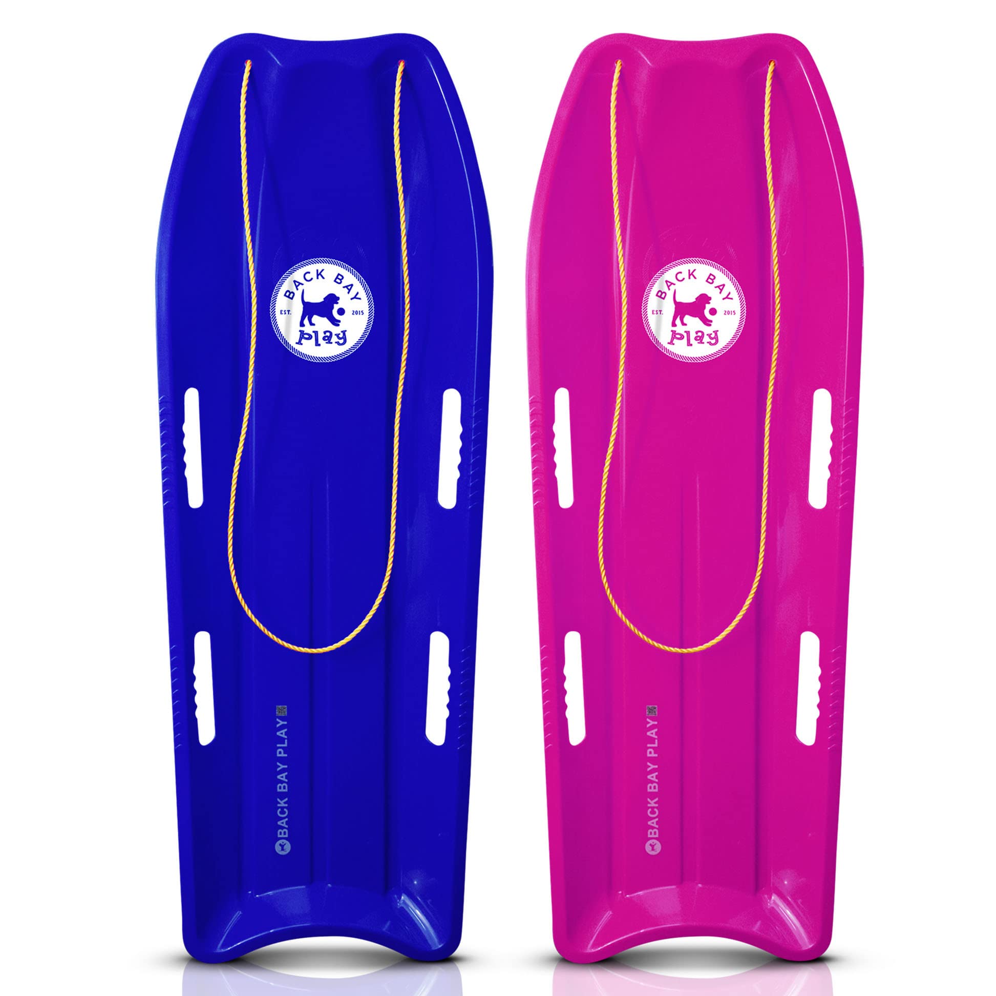 Back Bay Play 47 in 2 Pack Snow Sled Racer - High Density Plastic Sled 2 Person Toboggan with Pull Rope & 4 Handles Snow Sleds for Kids and Adult