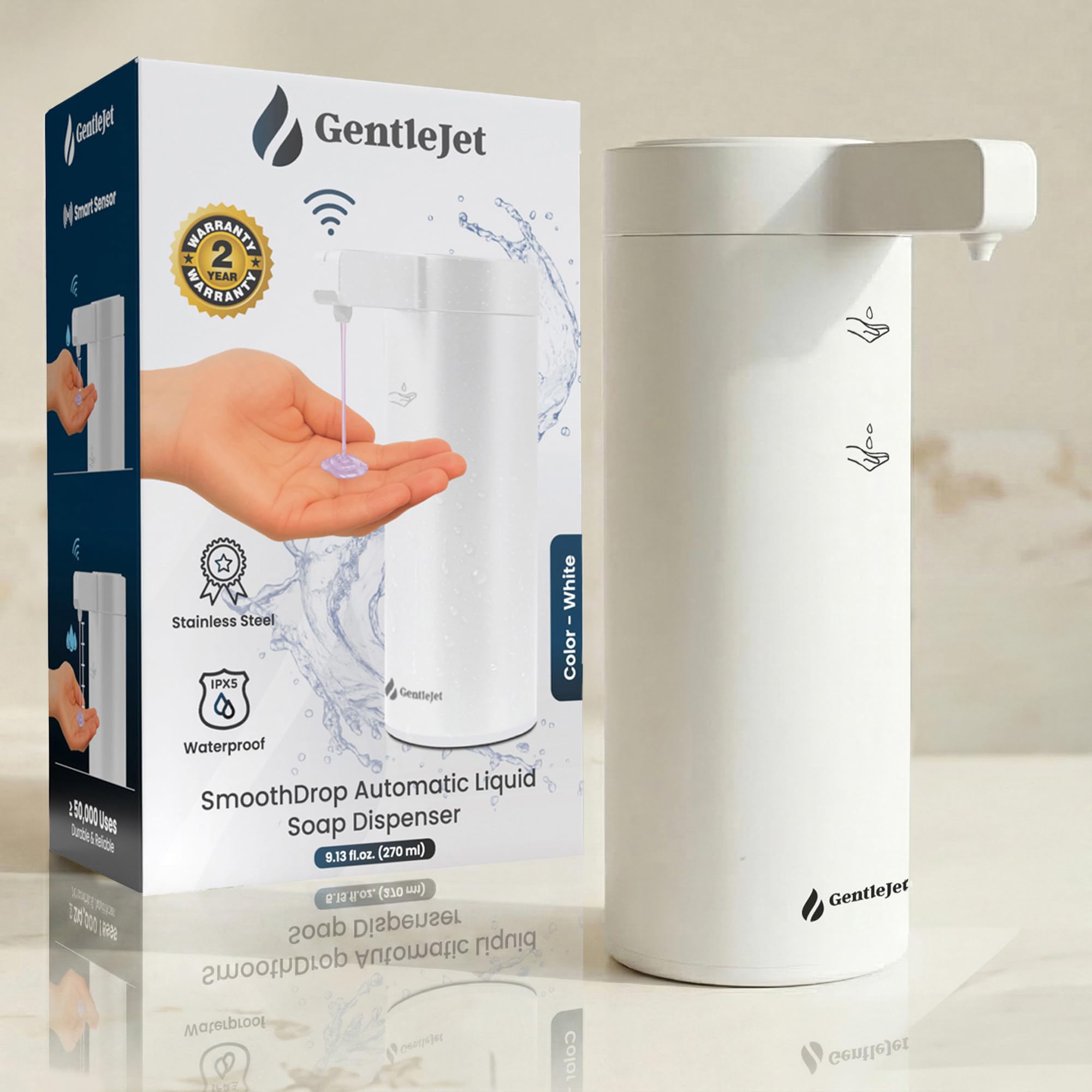 SmoothDrop Automatischer Seifenspender Berührungslose Flüssigkeit, USB-C Wiederaufladbar, 2-stufig verstellbarer Handseifenspender, 255.1 g, IPX5 Wasserdicht Edelstahl für Bad & Küche