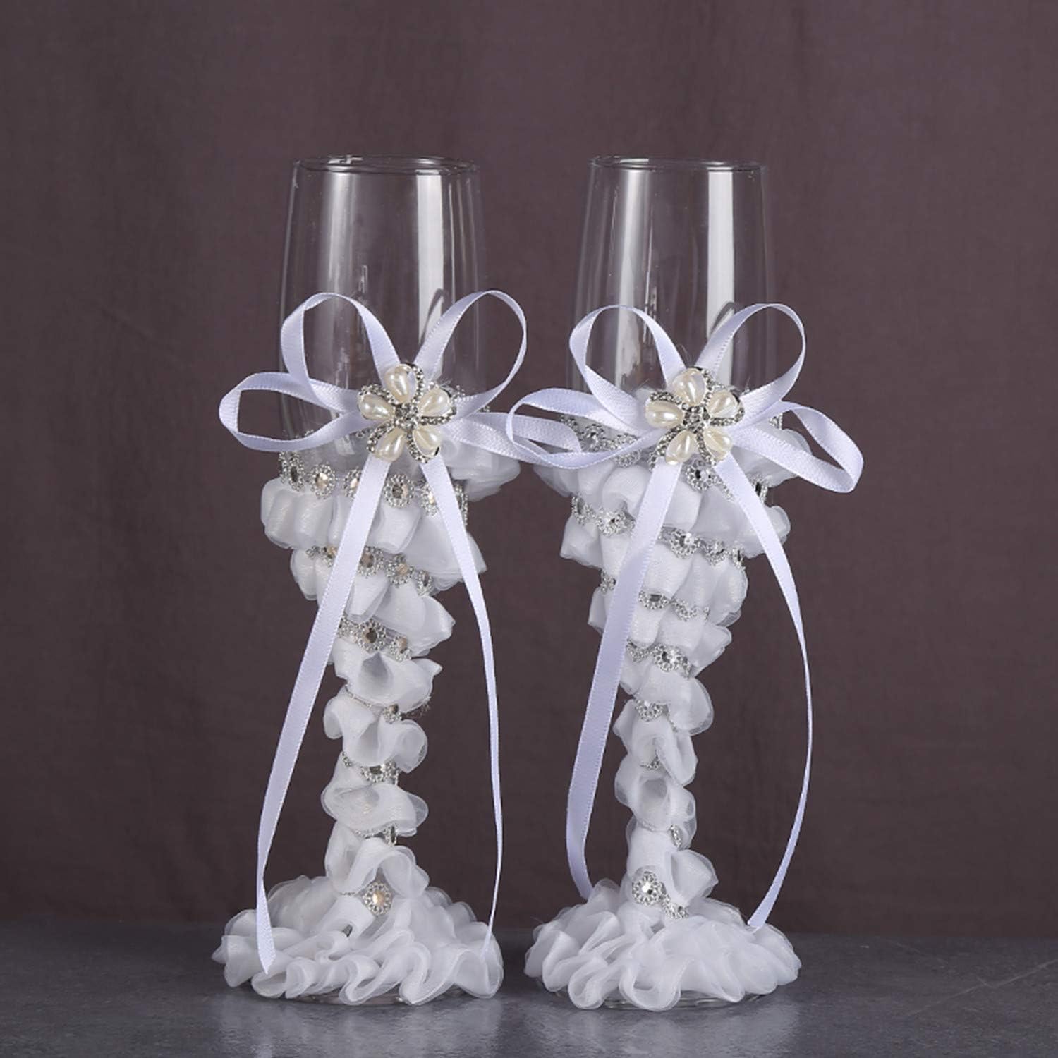 TANG SONG Set of 2 Pearl Flower Style Elegant Wedding Champagne Glasses