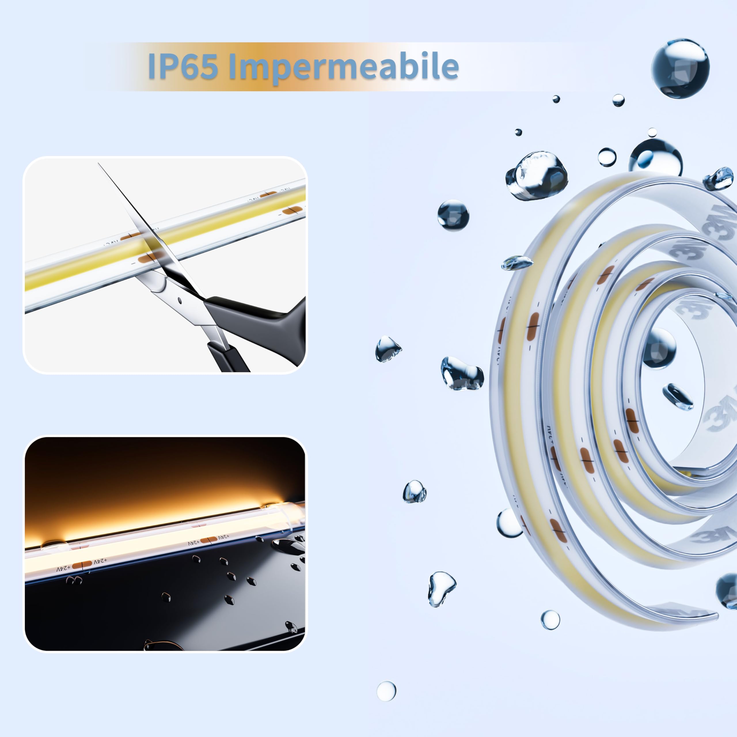 PAUTIX Striscia COB bianco caldo 2700 K impermeabile IP65, 10 m Pro+ 504 luce/m DC24 V CRI93 + nastro LED per casa cucina fai da te con connettore COB da 8 mm (alimentatore non incluso)