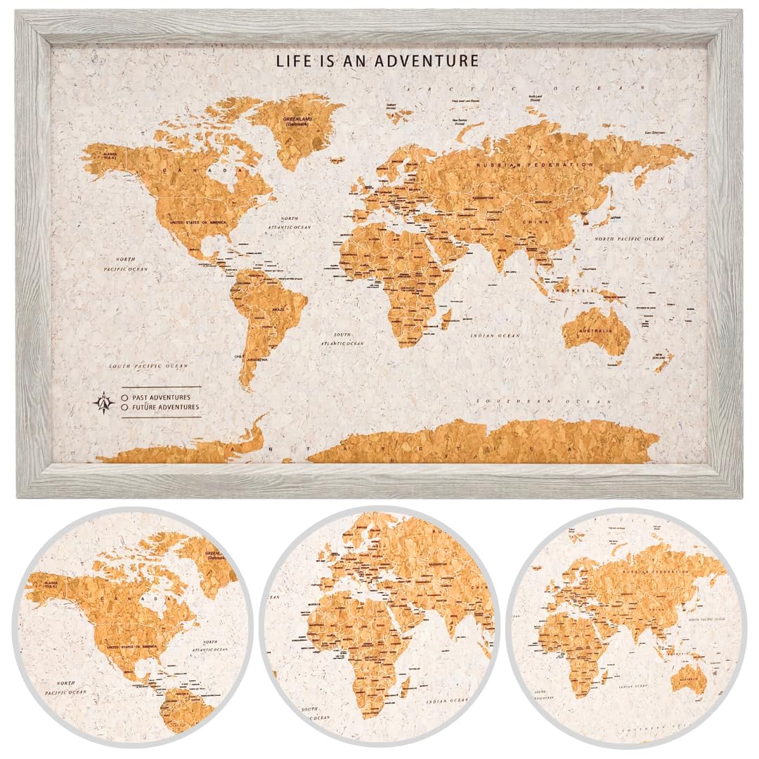 Splosh Mapa de Viaje Enmarcado - Tablero de Chinchetas de Madera Gris Mediano con 100 Chinchetas. Tablero de Corcho para Mapa de Viaje. Mapa del Mundo de Madera, Regalo de Viaje con Mapa de Corcho