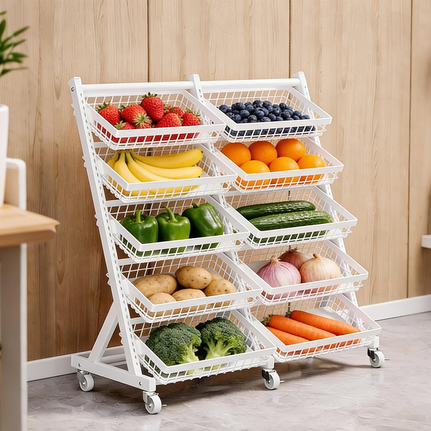 Retail Display Rack Shelf Cart with Wheels, Fruit Vegetable Storage Basket Stand, 75kg Load Capacity, Adjustable Shelf Height, Utility Shelf Organizer for Store Market(Black,8 Baskets)