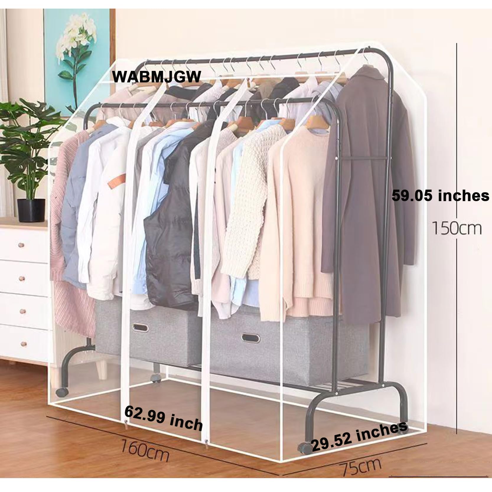 kleiderständer Abdeckung Transparente,staubdicht, Protector Schutzhülle für Kleiderständer,mit haltbaren Reißverschlüssen,Abdeckung Kleiderstange,Extrabreite 29,52 Zoll,B 160x75x150cm