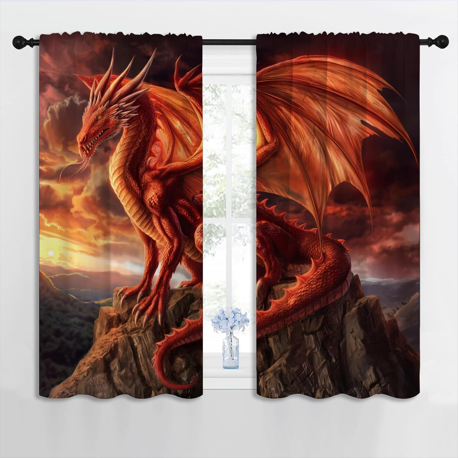 Red Dragon Blackout Curtains for Boys Girl Bedroom Home Decor, Cool Magic Fantasy Forest Wild Animal Thermal Insulated Rod Pocket Darkening Living Room Window Drapes, 42 x 63 inch