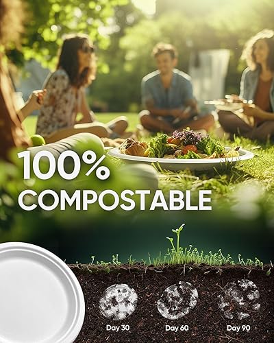 Miniatura 2 de Hihomry Juego de platos desechables de papel resistentes para 50 invitados, platos y utensilios compostables, vajilla biodegradable ecológica