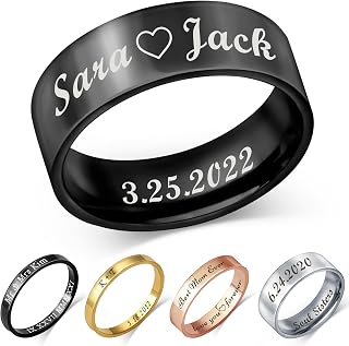 Personalized Name Date 2.5MM/4MM/7MM Stainless Steel Rings, Customized Message Dainty Plain Bands Glossy Gold Black Rings, Wedding Engagement Rings for Women Men