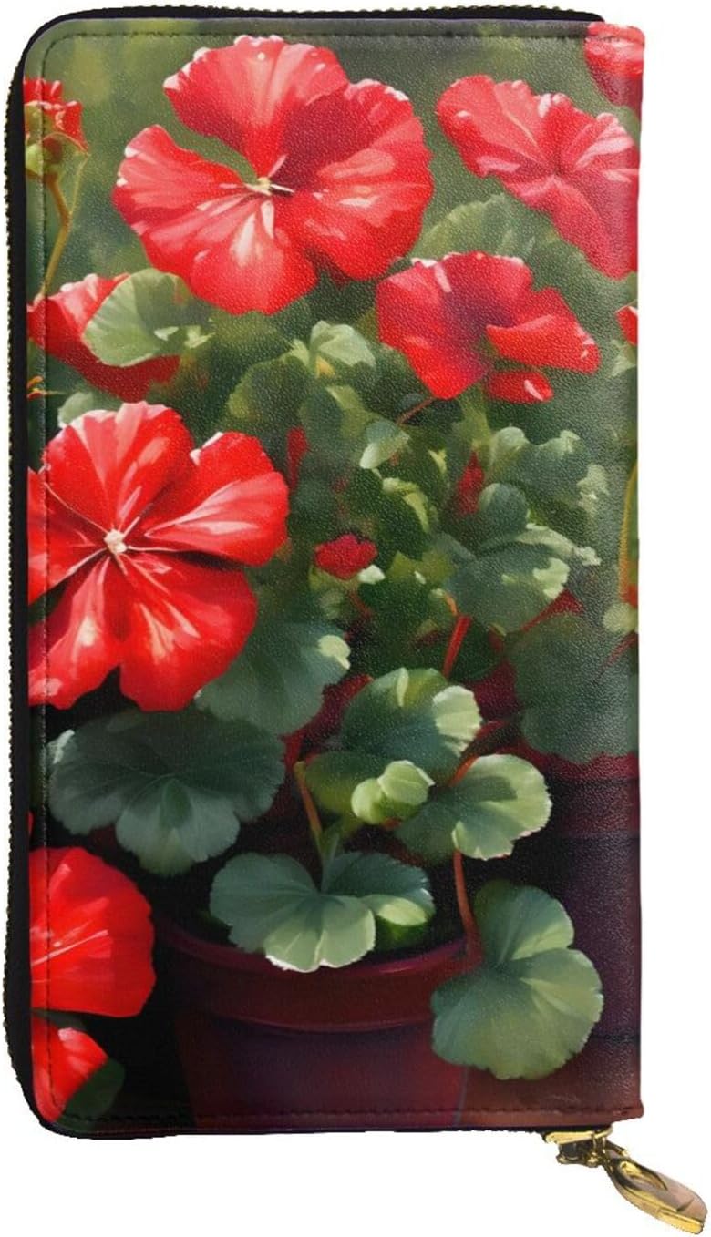 Red geraniums Women's wallet, clutch wallet, with zipper, large capacity.